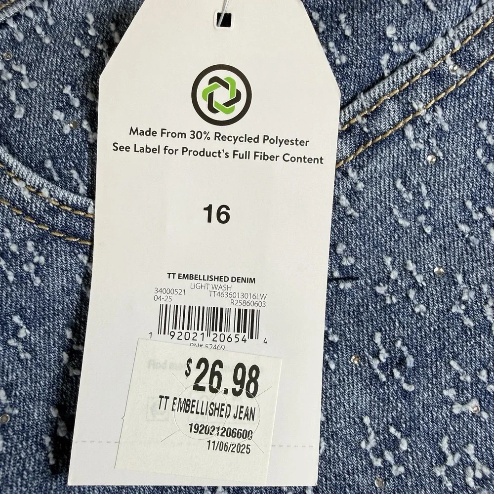 Time & Tru Jeans 16 High Rise Relaxed Light Wash Embellished Denim Stretch NWT‎